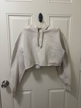 Cropped Cream 'LOUNGE' Hoodie Sweatshirt - Women's Crew/Scoop Neck Sweater